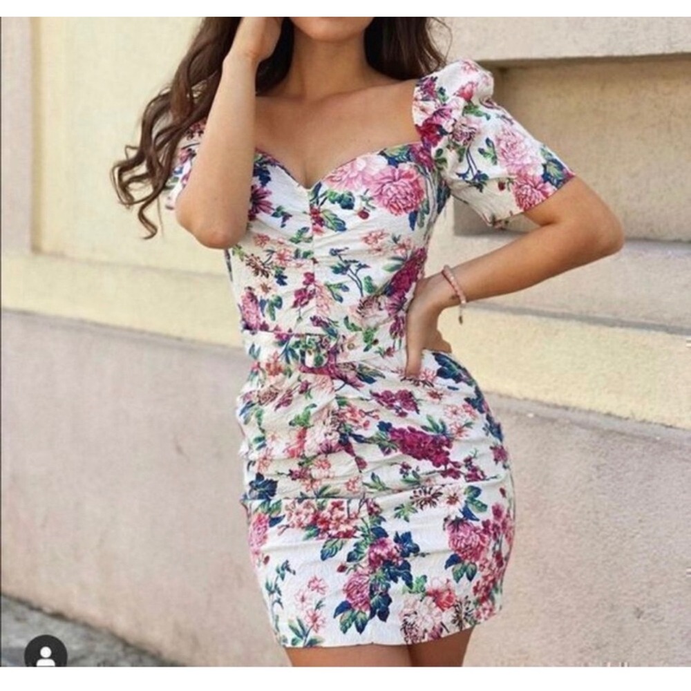 Zara Floral Ruched Mini Dress White Pink Blue Short Puff Sleeve XS NWT No Belt